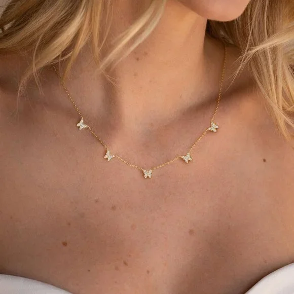 Diamond Necklaces for Women 14K Gold Silver Gold Plated Dainty Necklace Five Dia - Picture 2 of 8